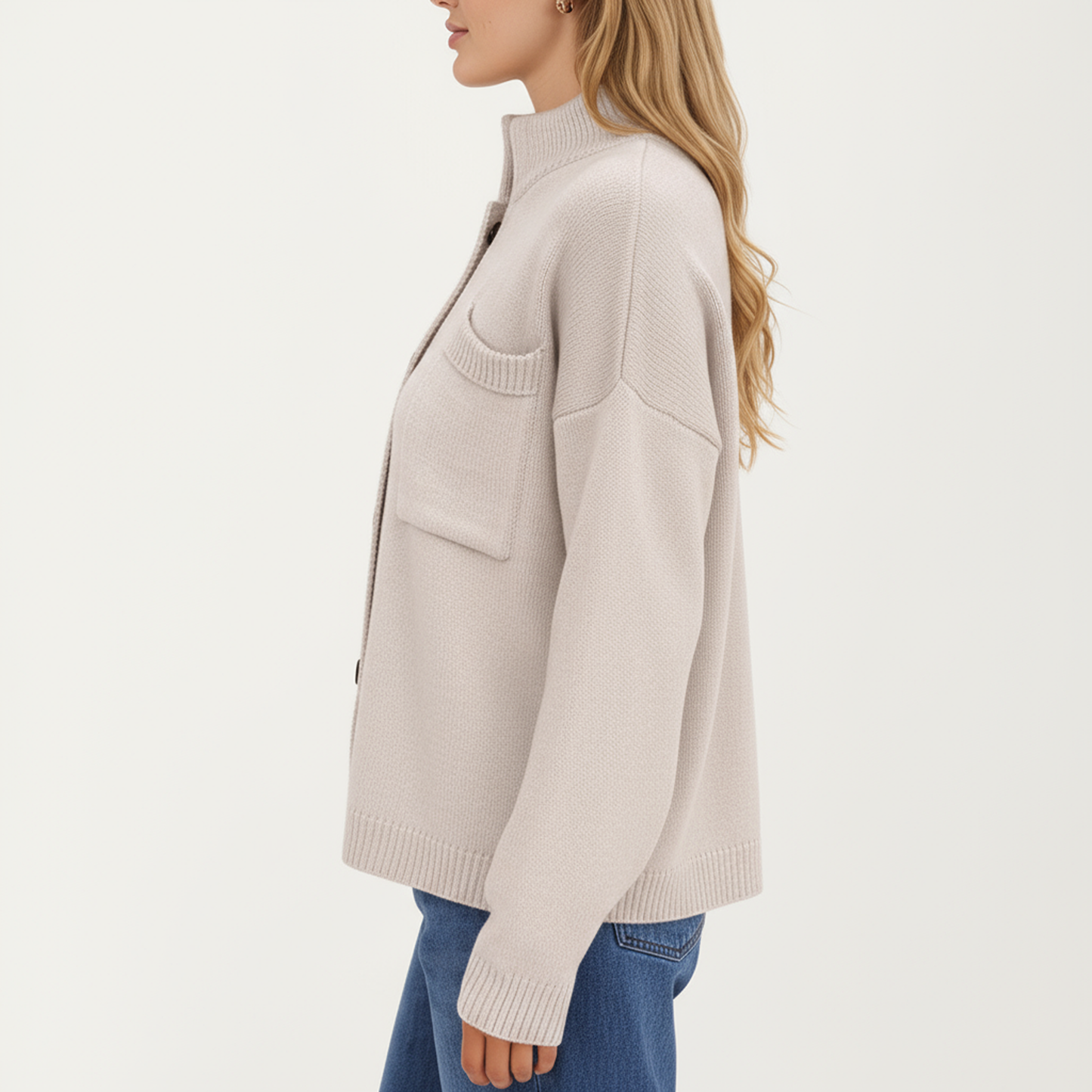Anna-Kaci Women's Button Front Long Sleeve Knit Cardigan with Stand Collar and Front Pocket