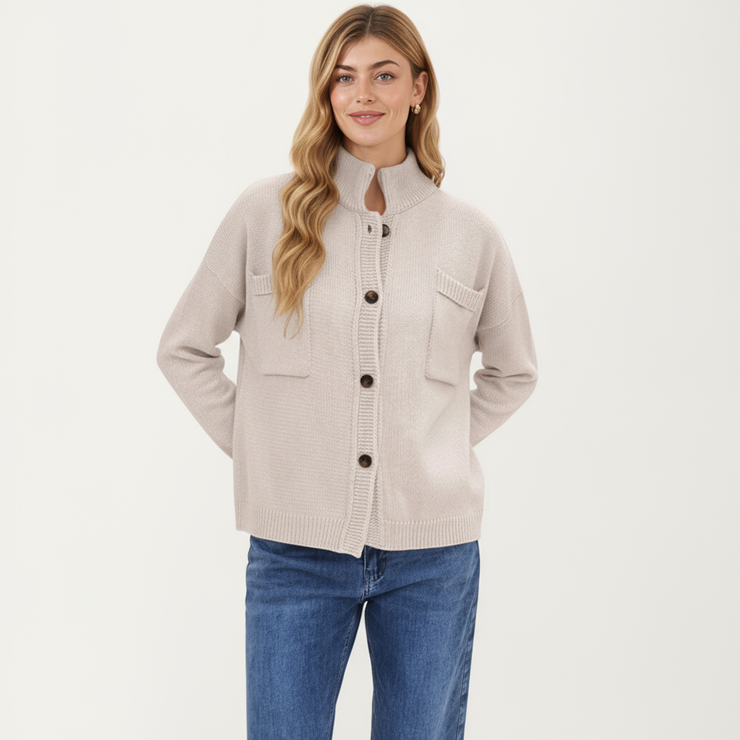 Anna-Kaci Women's Button Front Long Sleeve Knit Cardigan with Stand Collar and Front Pocket