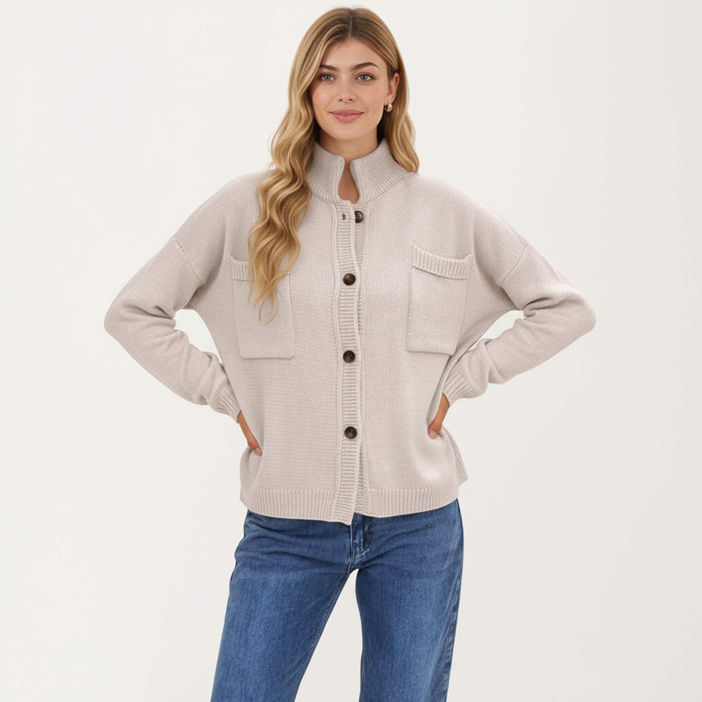 Anna-Kaci Women's Button Front Long Sleeve Knit Cardigan with Stand Collar and Front Pocket
