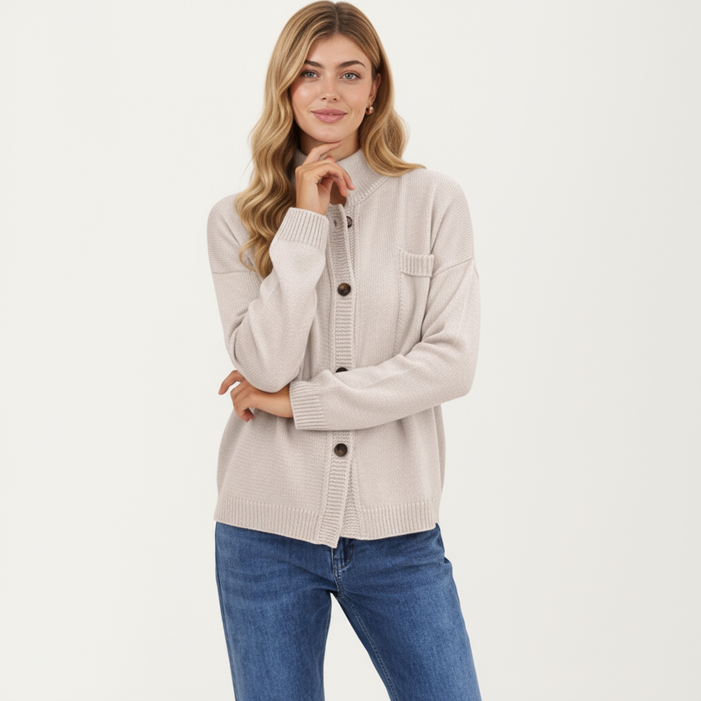 Anna-Kaci Women's Button Front Long Sleeve Knit Cardigan with Stand Collar and Front Pocket