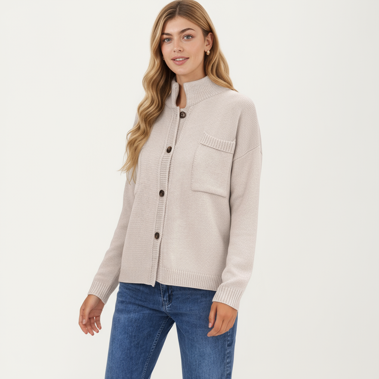 Anna-Kaci Women's Button Front Long Sleeve Knit Cardigan with Stand Collar and Front Pocket