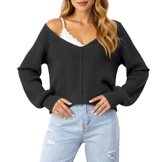 Anna-Kaci Women's Long Sleeve Waffle Knit Pullover Sweater with Relaxed Fit