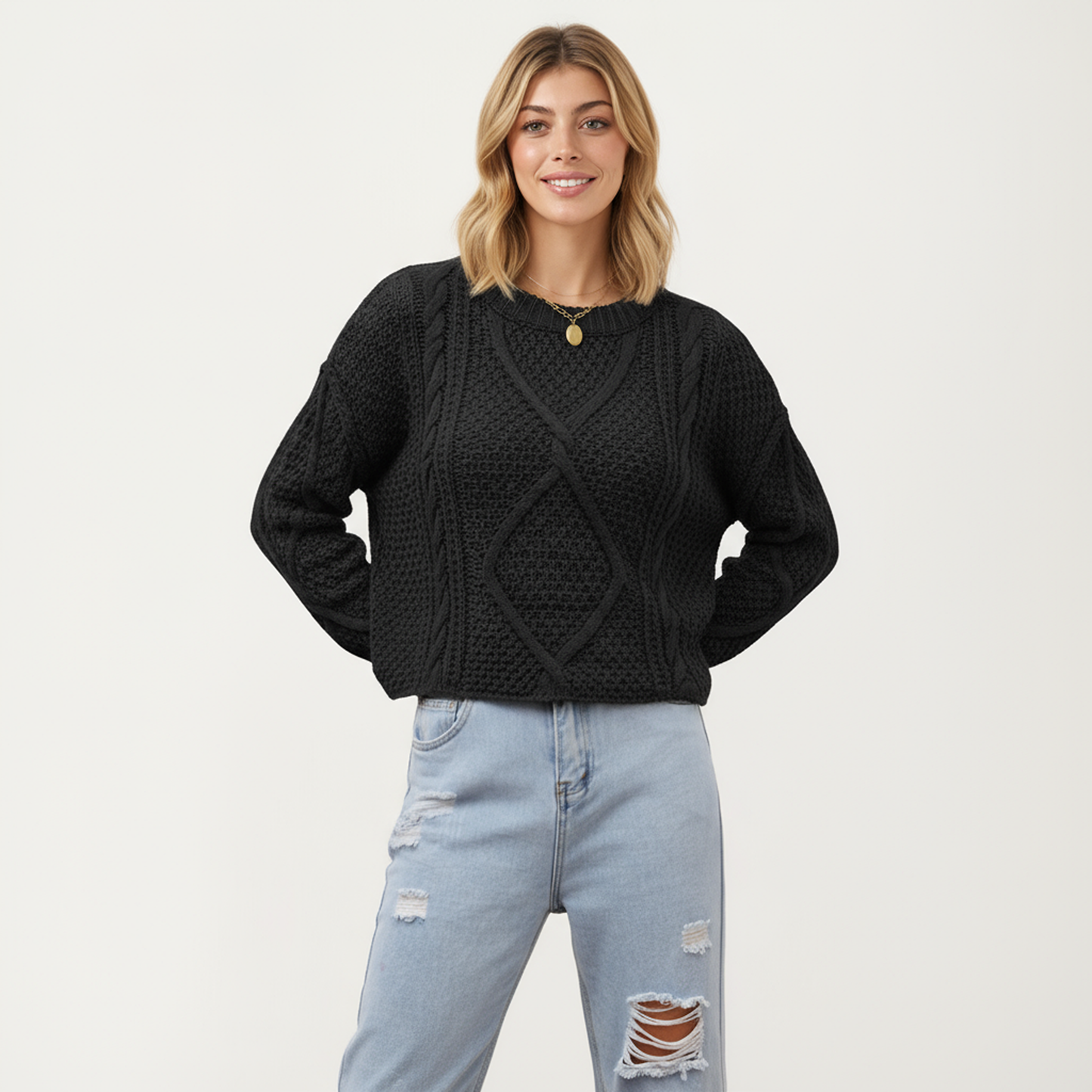 Anna-Kaci Women's Long Sleeve Cable Knit Pullover Sweater with Textured Pattern