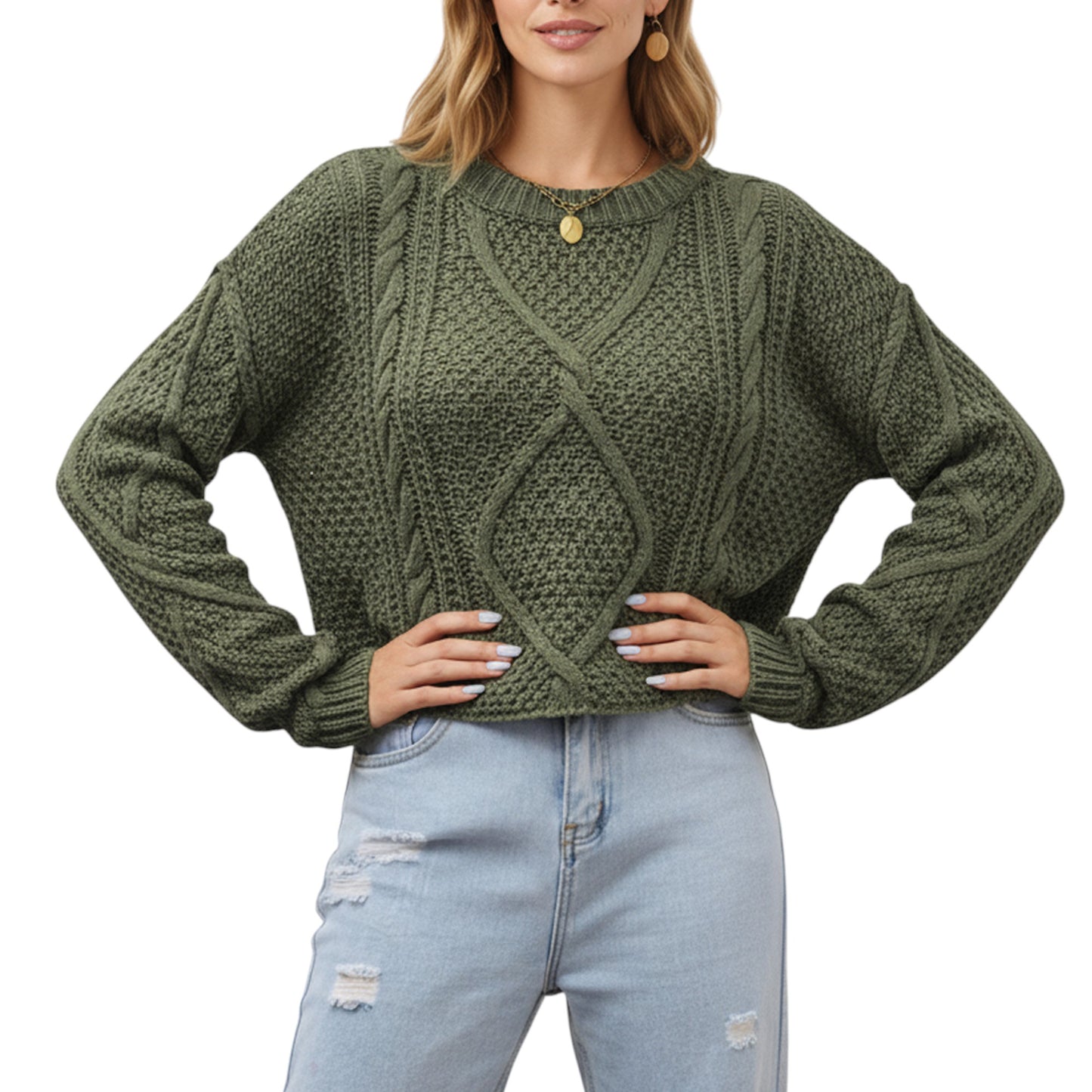 Anna-Kaci Women's Long Sleeve Cable Knit Pullover Sweater with Textured Pattern