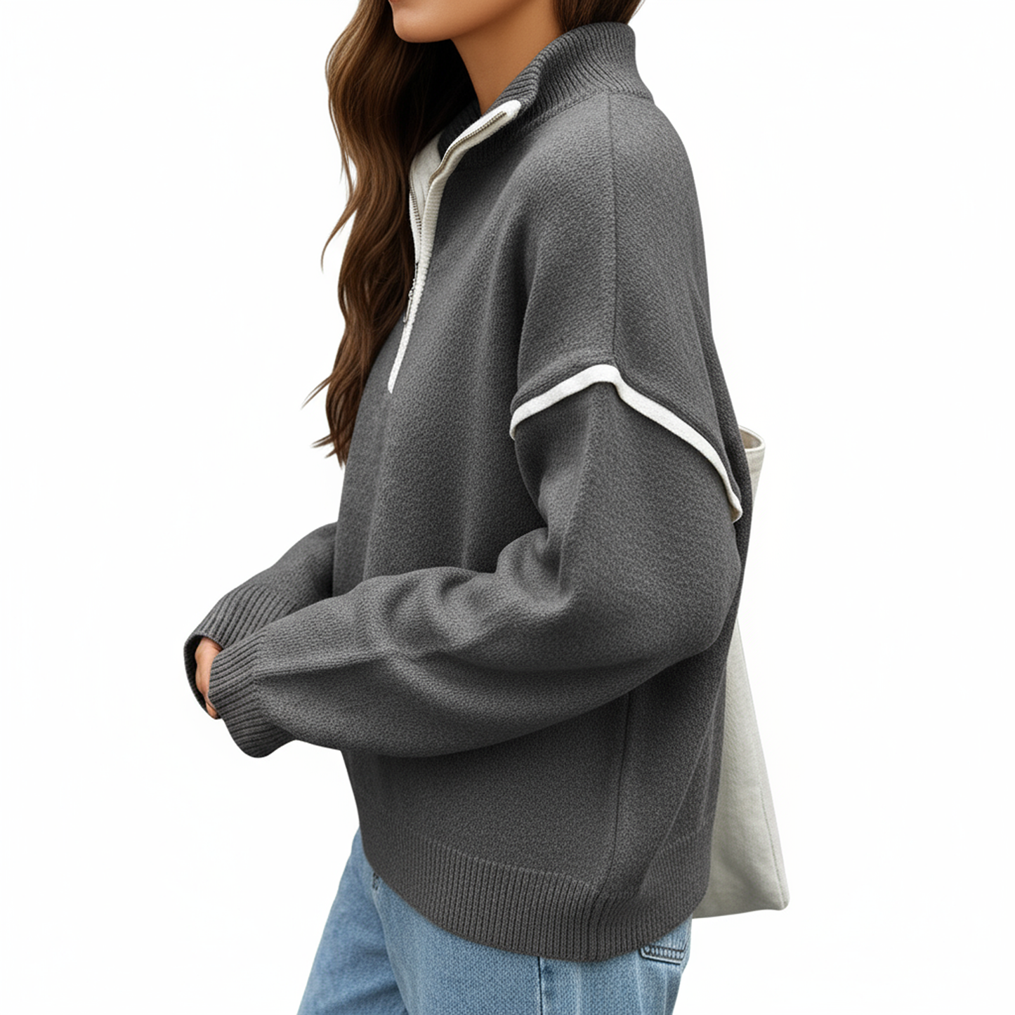 Anna-Kaci Women's Long Sleeve Pullover Knit Top with Quarter Zip Front Contrast Trim and Ribbed Hem