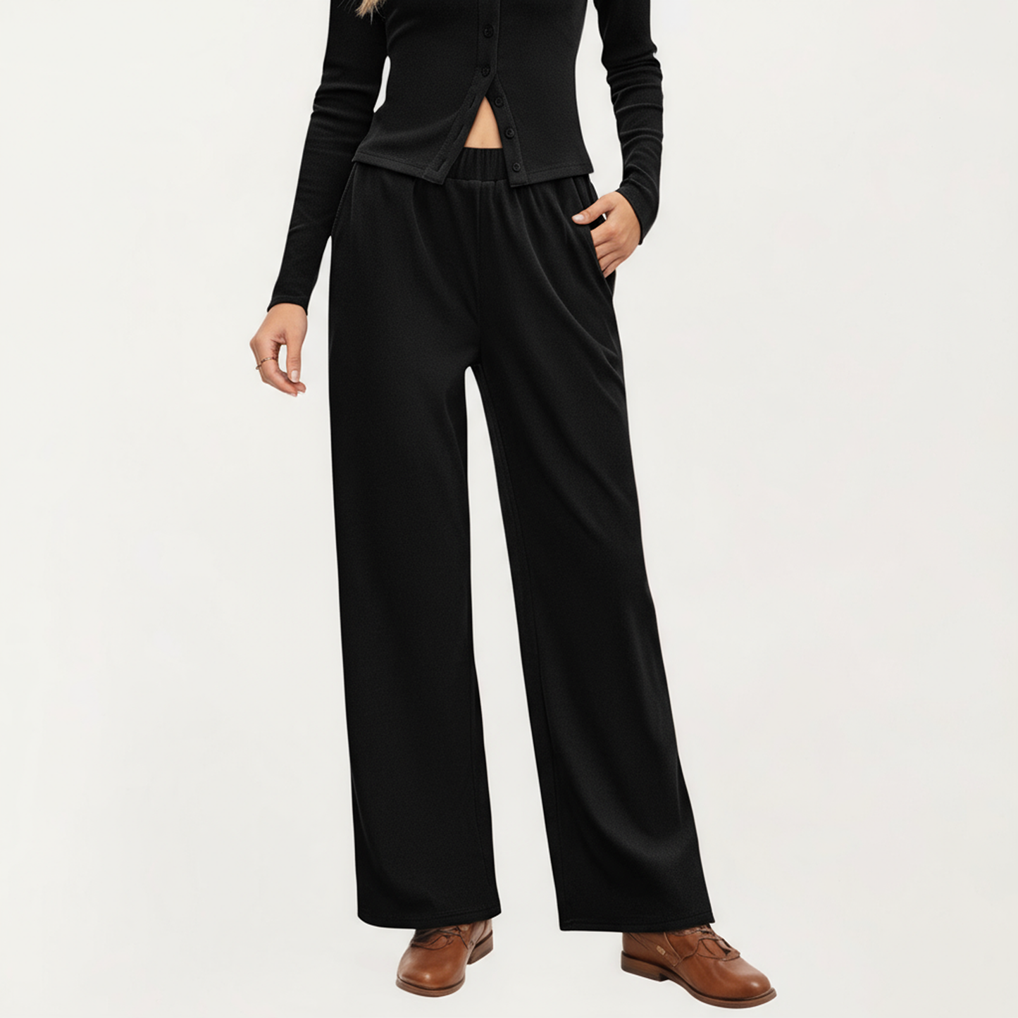 Anna-Kaci Women's 2-Piece Set Long Sleeve Button Front Top and Wide Leg Pants