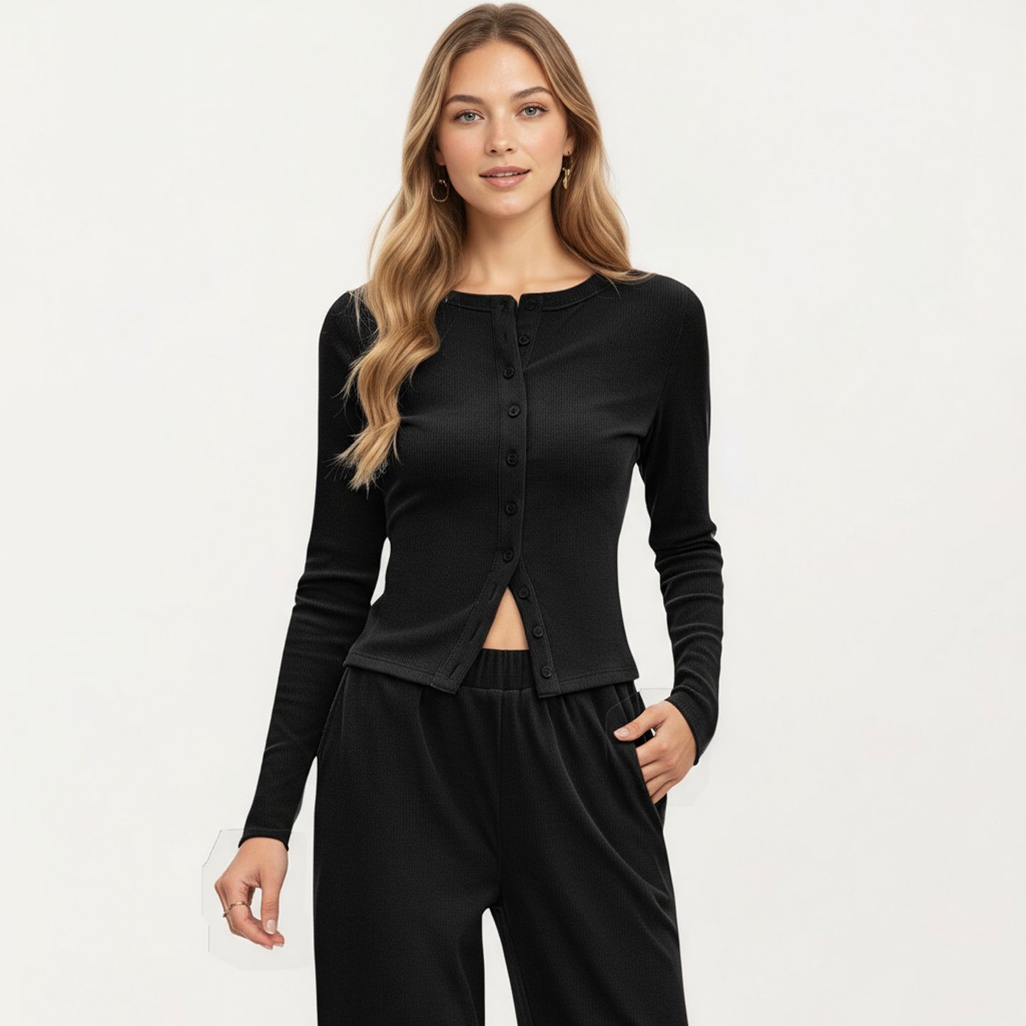 Anna-Kaci Women's 2-Piece Set Long Sleeve Button Front Top and Wide Leg Pants