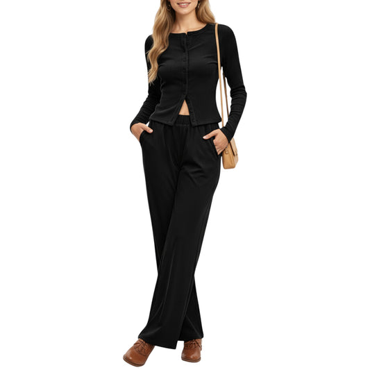 Anna-Kaci Women's 2-Piece Set Long Sleeve Button Front Top and Wide Leg Pants