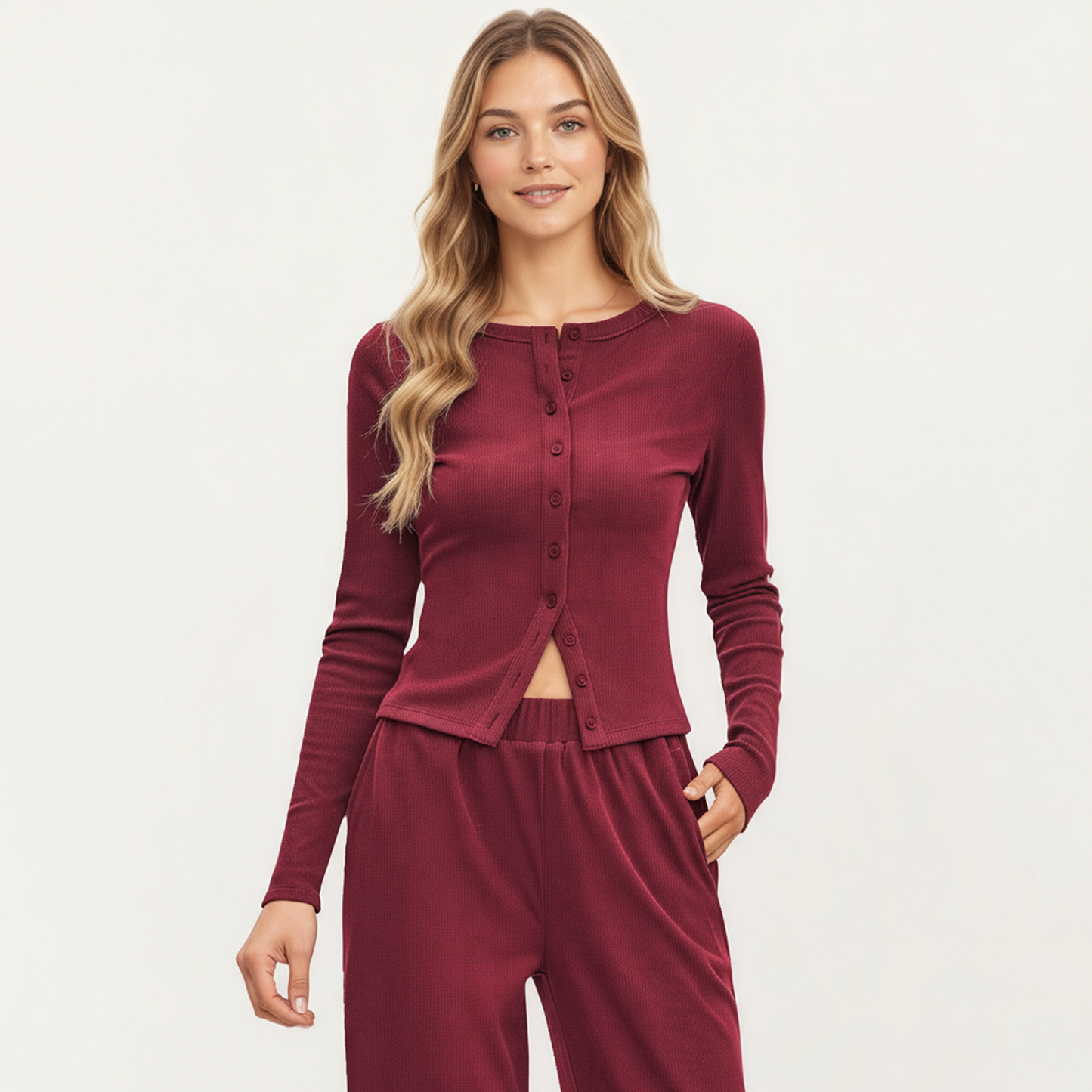 Anna-Kaci Women's 2-Piece Set Long Sleeve Button Front Top and Wide Leg Pants
