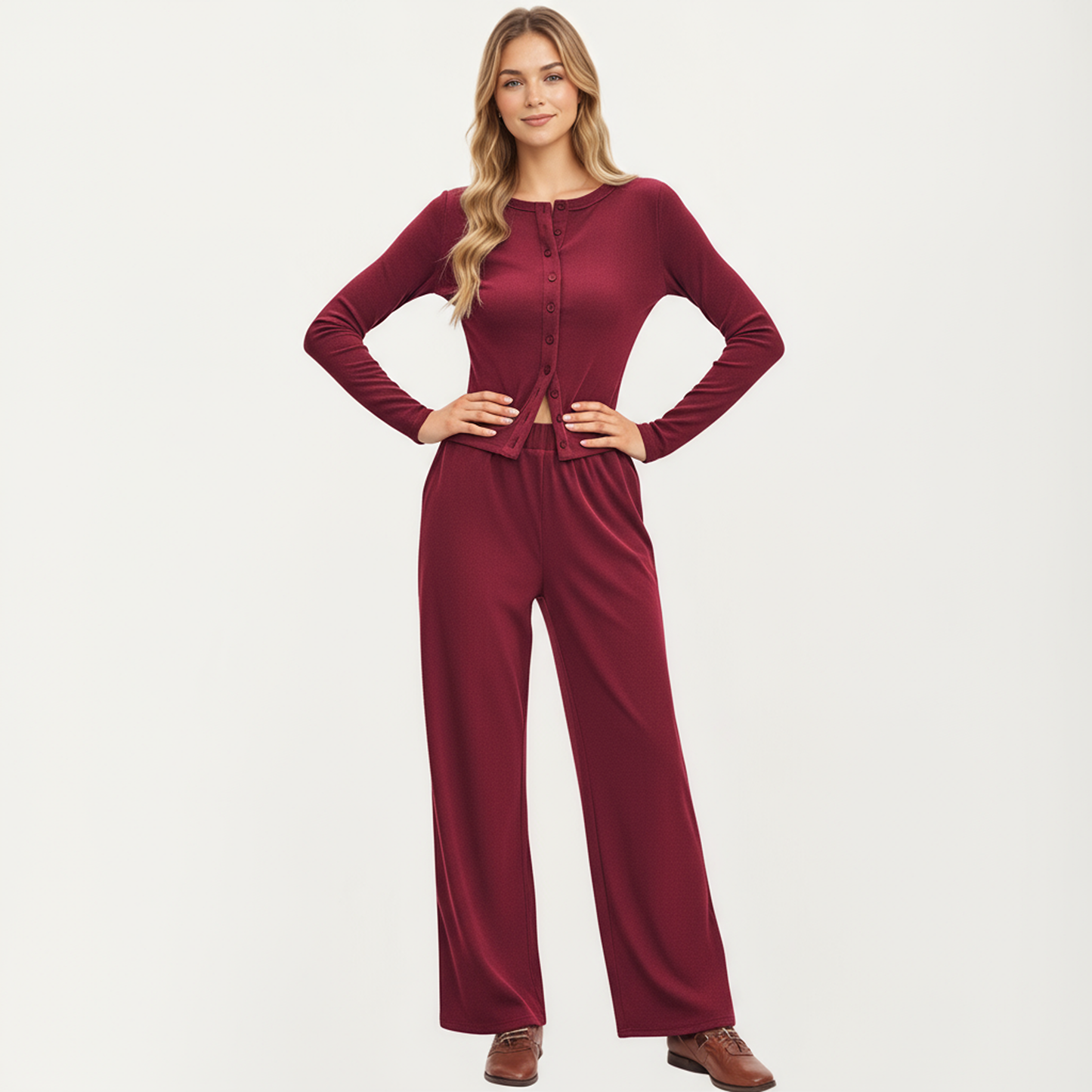 Anna-Kaci Women's 2-Piece Set Long Sleeve Button Front Top and Wide Leg Pants