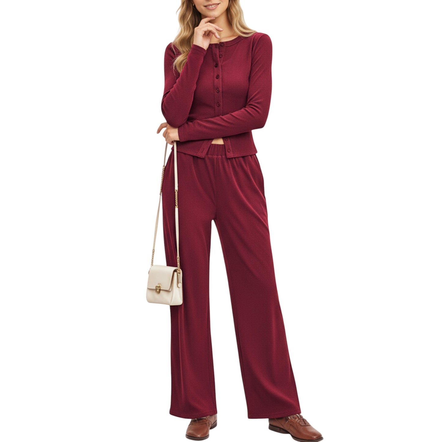 Anna-Kaci Women's 2-Piece Set Long Sleeve Button Front Top and Wide Leg Pants