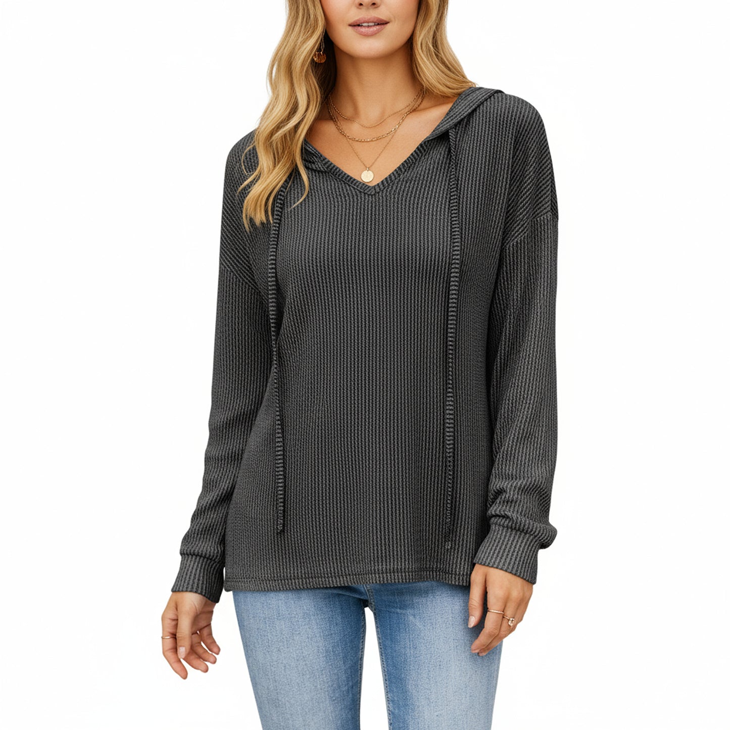 Anna-Kaci Women's Long Sleeve Waffle Knit Hoodie with V-Neckline and Relaxed Fit