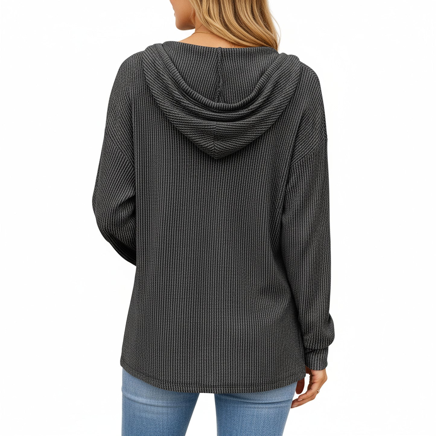 Anna-Kaci Women's Long Sleeve Waffle Knit Hoodie with V-Neckline and Relaxed Fit