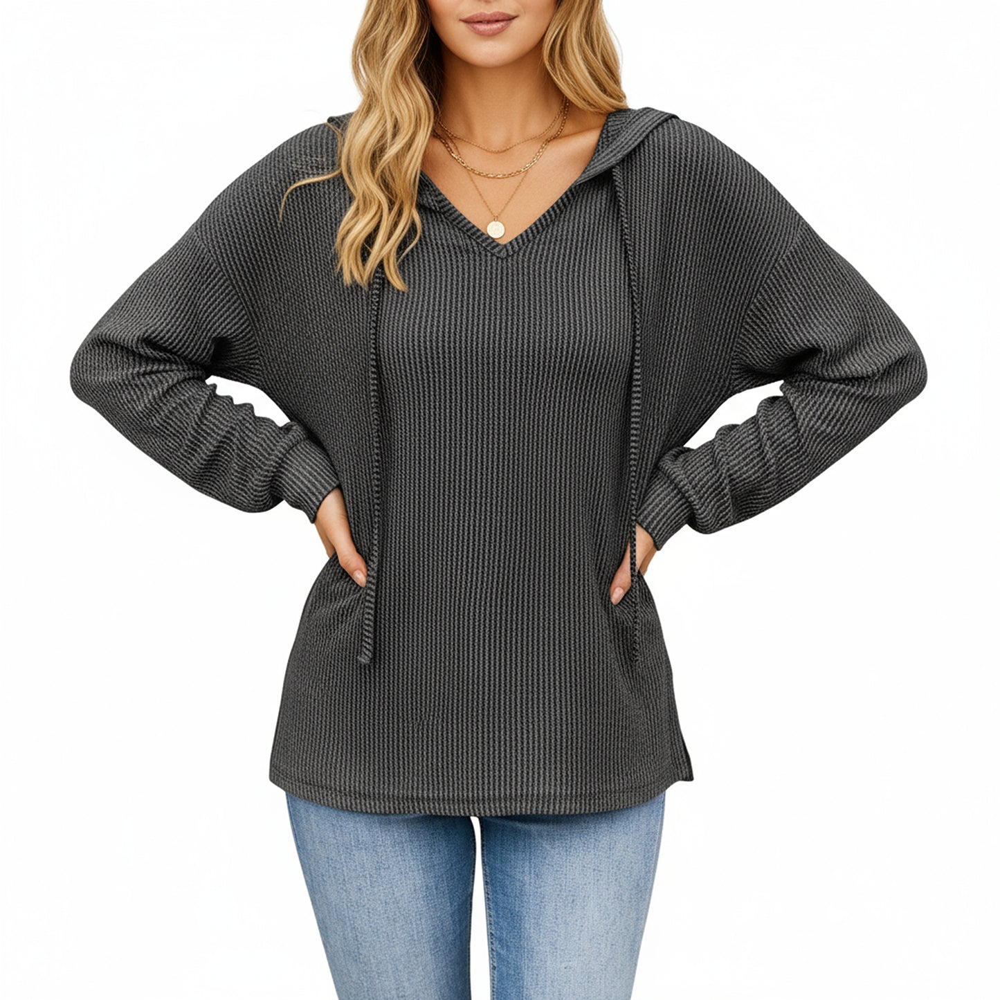 Anna-Kaci Women's Long Sleeve Waffle Knit Hoodie with V-Neckline and Relaxed Fit