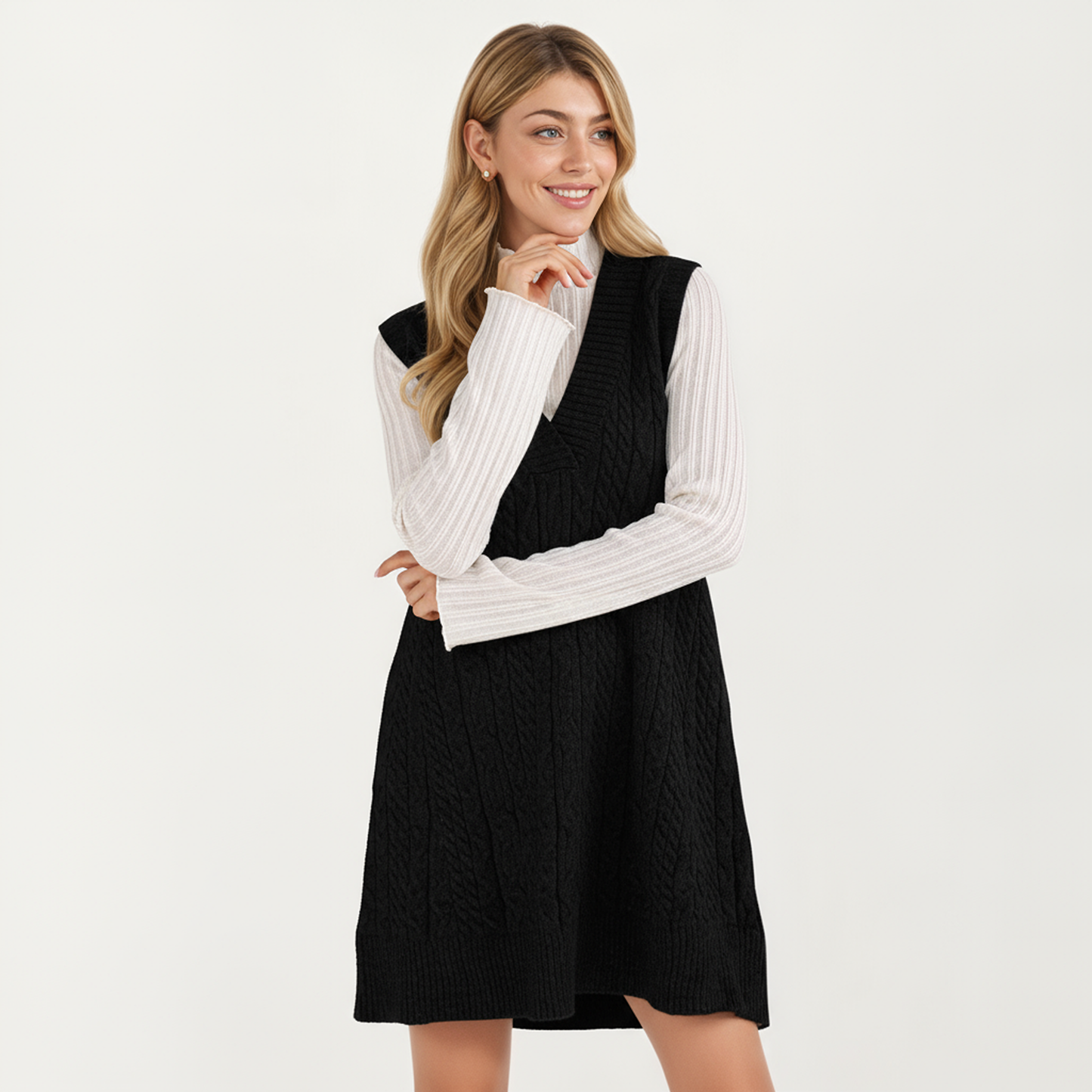 Anna-Kaci Women's Cable Knit Sweater Dress with Deep V-Neck and Sleeveless Design