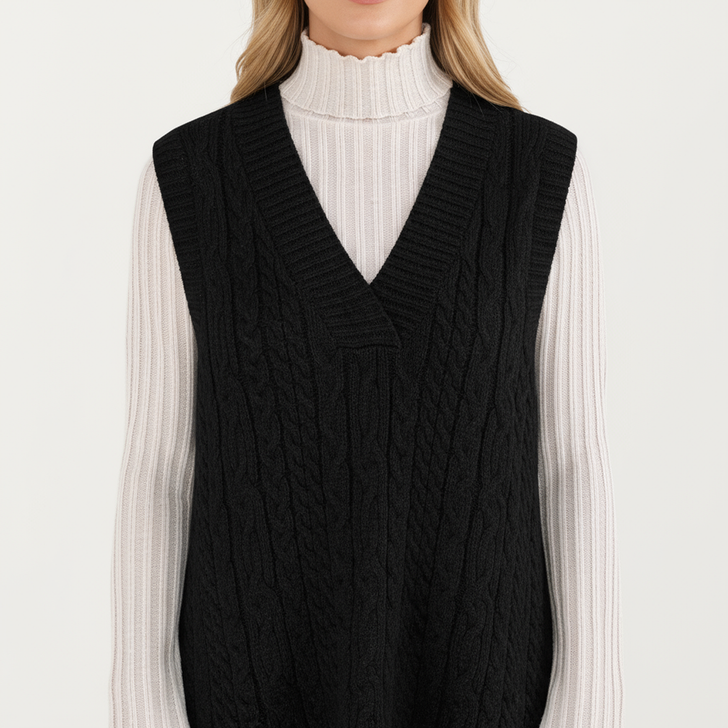 Anna-Kaci Women's Cable Knit Sweater Dress with Deep V-Neck and Sleeveless Design