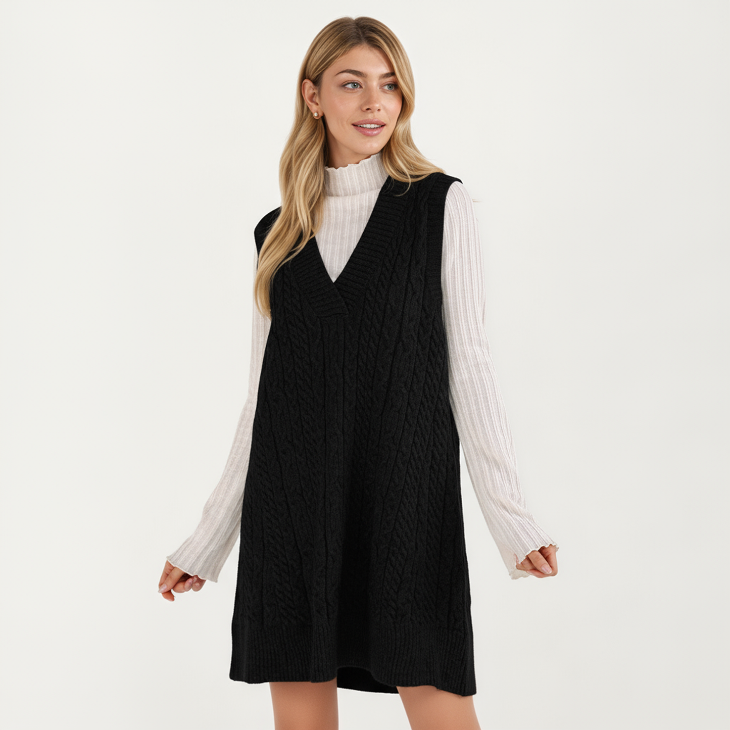 Anna-Kaci Women's Cable Knit Sweater Dress with Deep V-Neck and Sleeveless Design