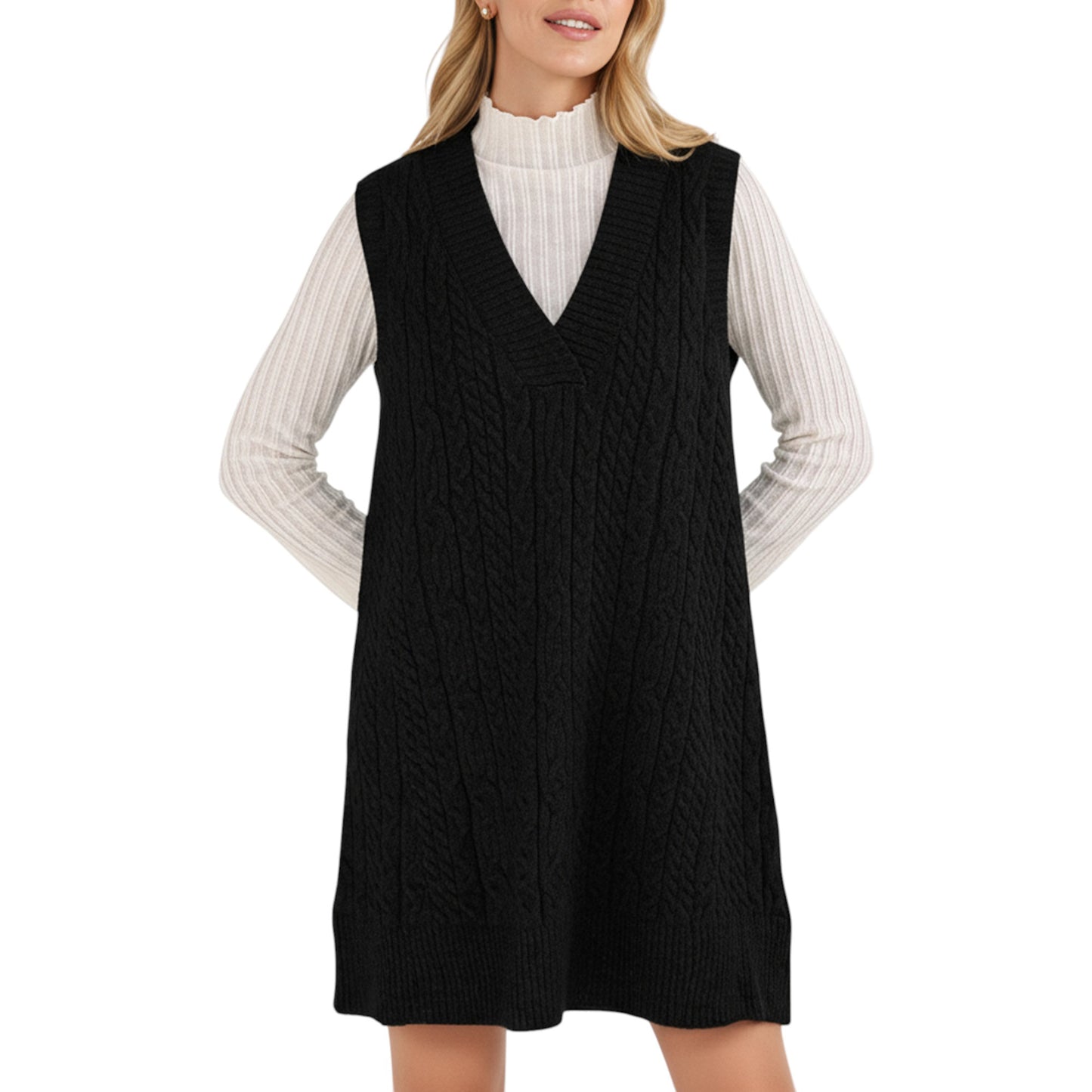 Anna-Kaci Women's Cable Knit Sweater Dress with Deep V-Neck and Sleeveless Design