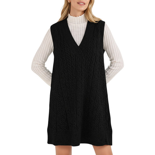 Anna-Kaci Women's Cable Knit Sweater Dress with Deep V-Neck and Sleeveless Design