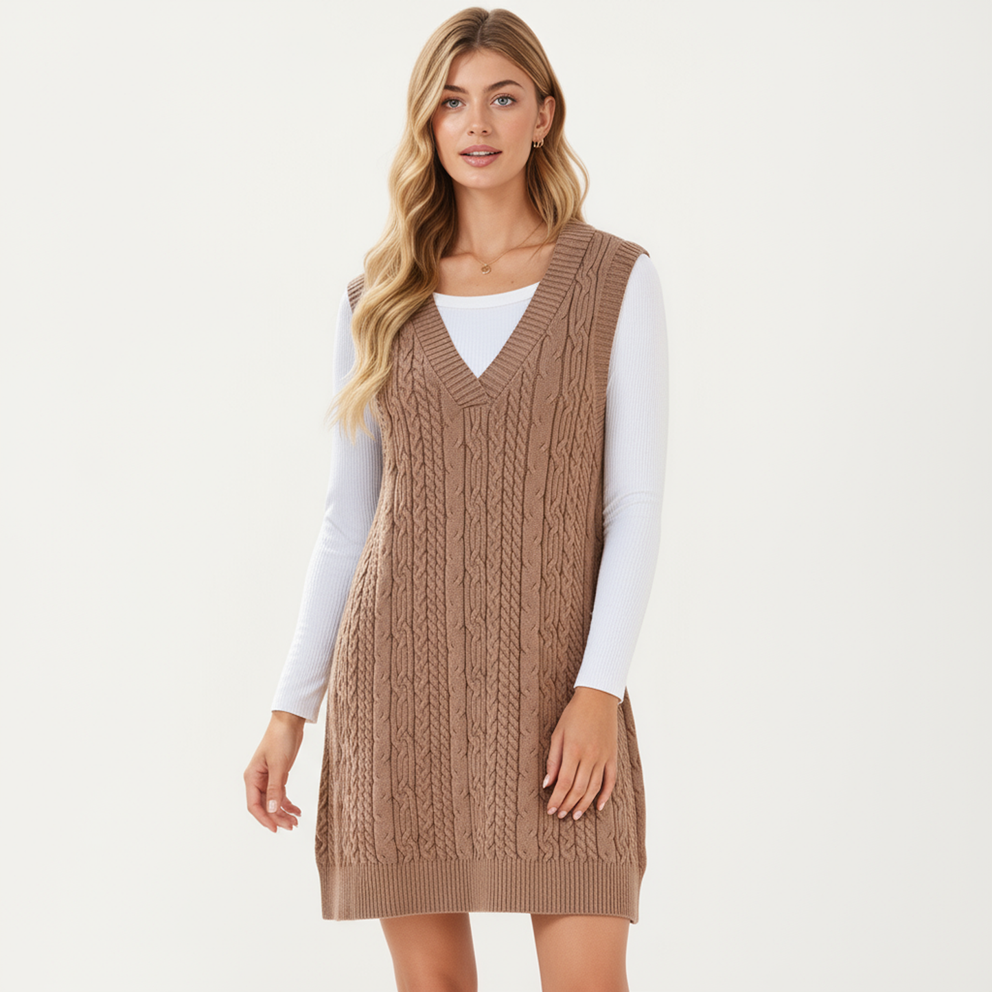 Anna-Kaci Women's Cable Knit Sweater Dress with Deep V-Neck and Sleeveless Design
