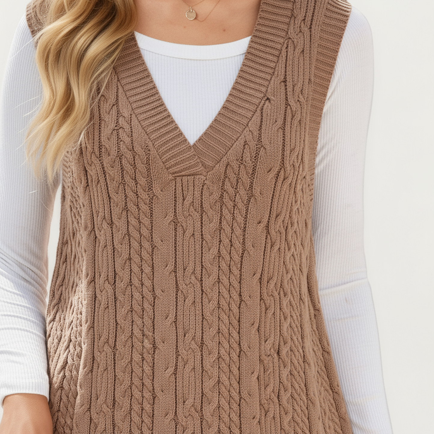 Anna-Kaci Women's Cable Knit Sweater Dress with Deep V-Neck and Sleeveless Design