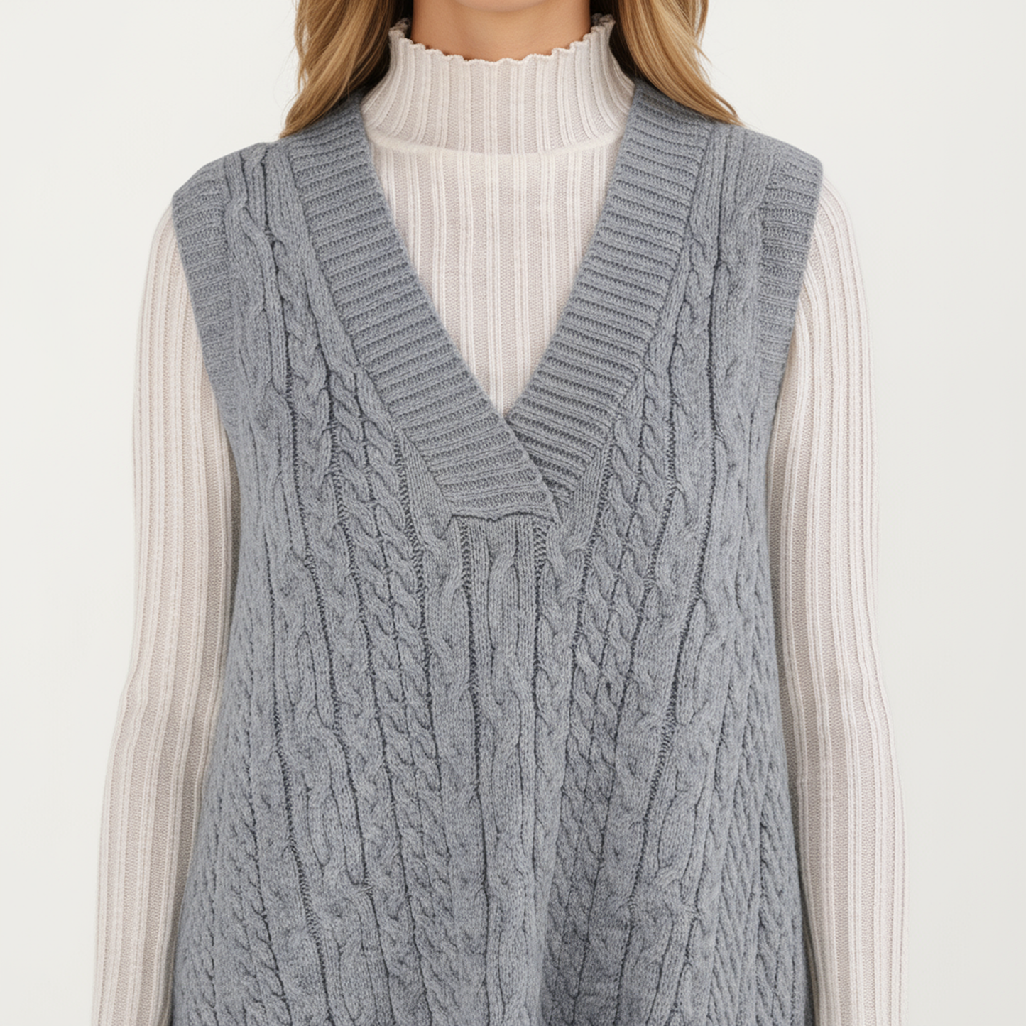 Anna-Kaci Women's Cable Knit Sweater Dress with Deep V-Neck and Sleeveless Design