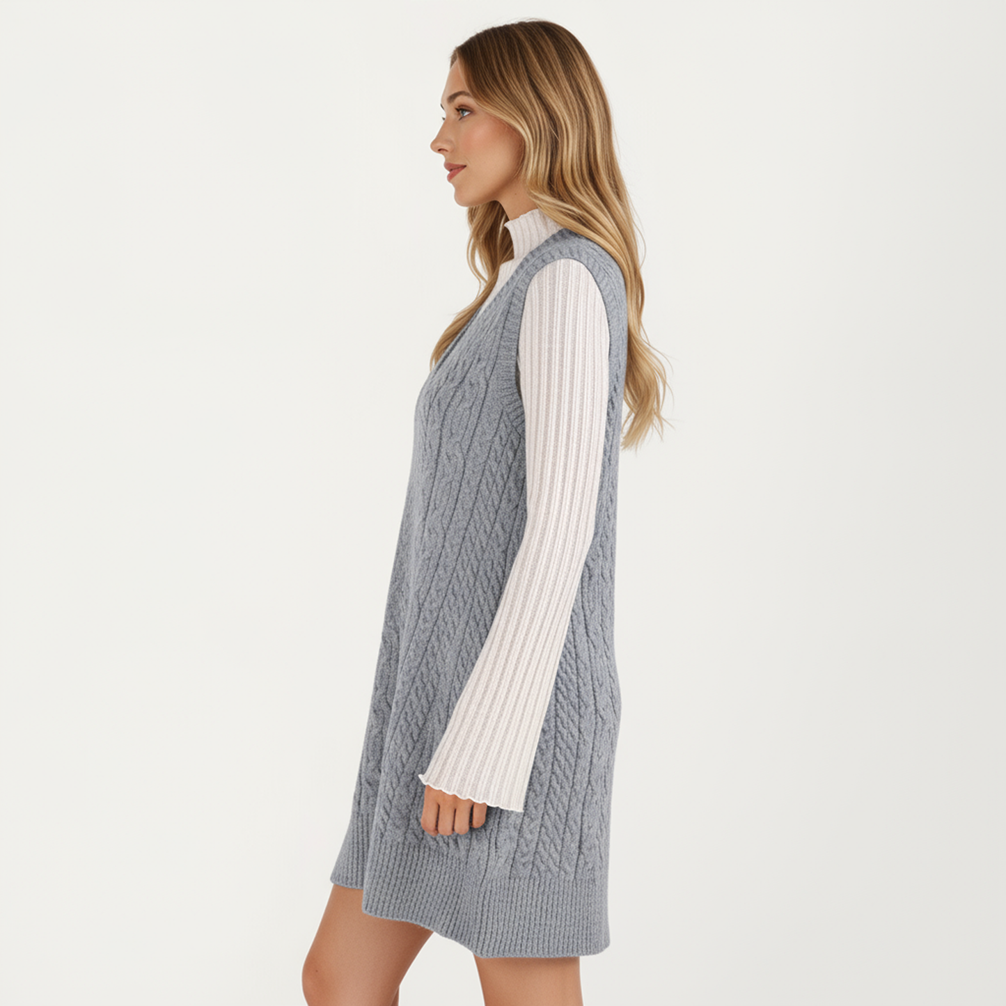 Anna-Kaci Women's Cable Knit Sweater Dress with Deep V-Neck and Sleeveless Design