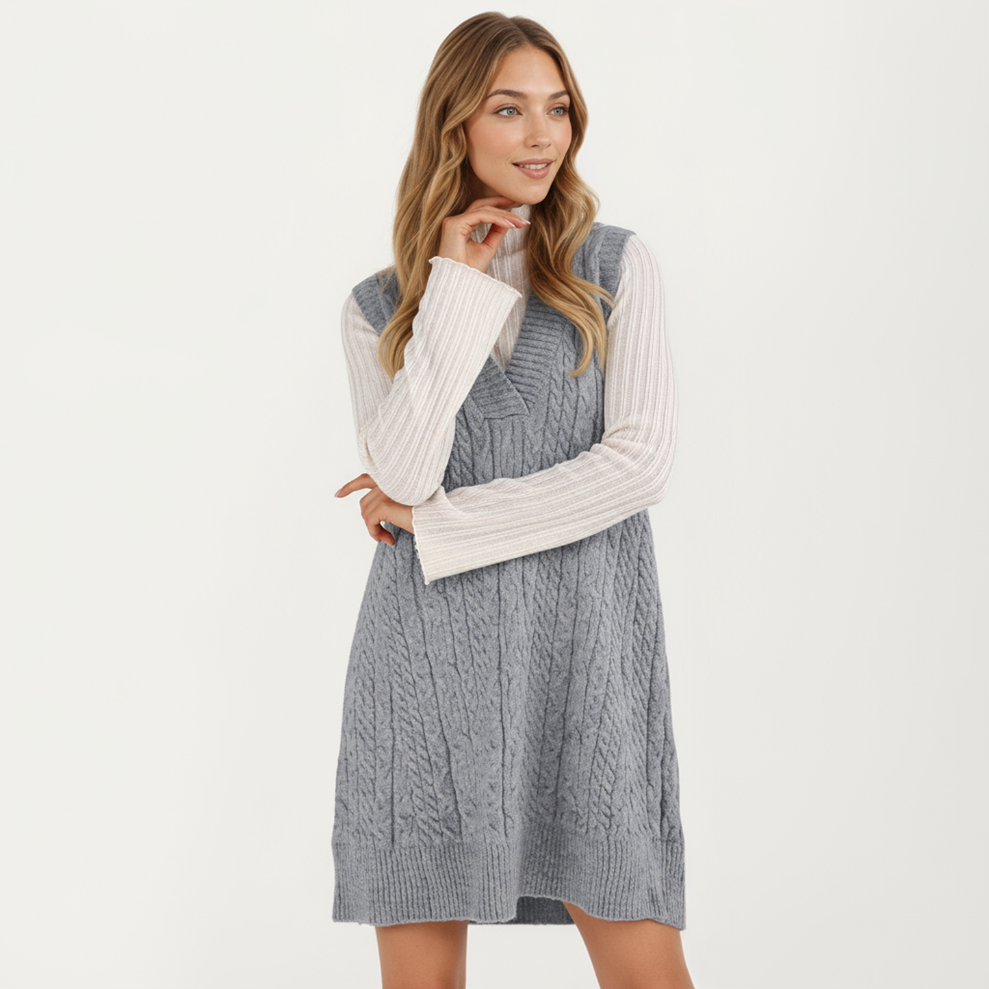 Anna-Kaci Women's Cable Knit Sweater Dress with Deep V-Neck and Sleeveless Design
