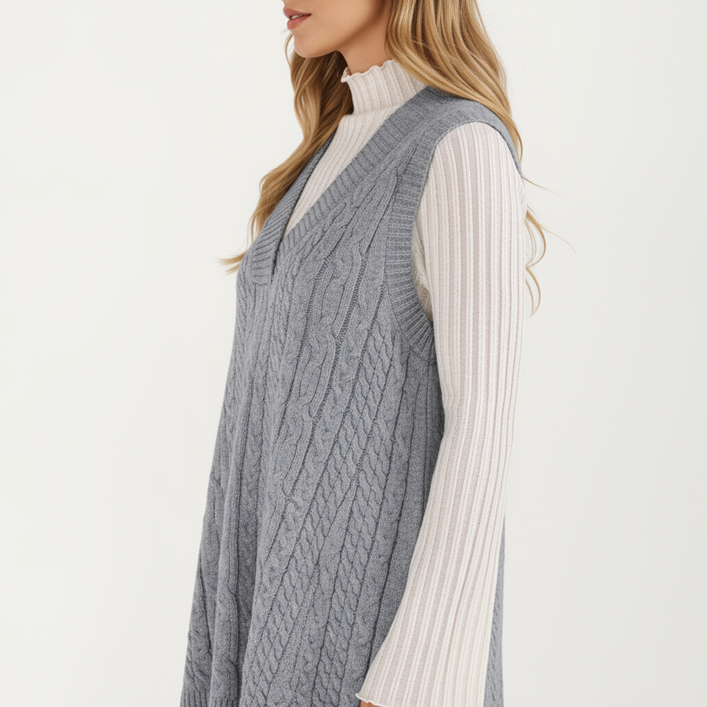 Anna-Kaci Women's Cable Knit Sweater Dress with Deep V-Neck and Sleeveless Design