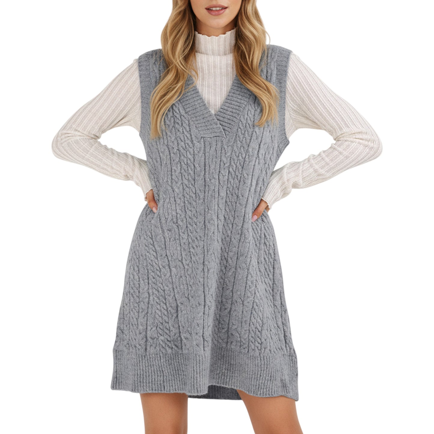 Anna-Kaci Women's Cable Knit Sweater Dress with Deep V-Neck and Sleeveless Design