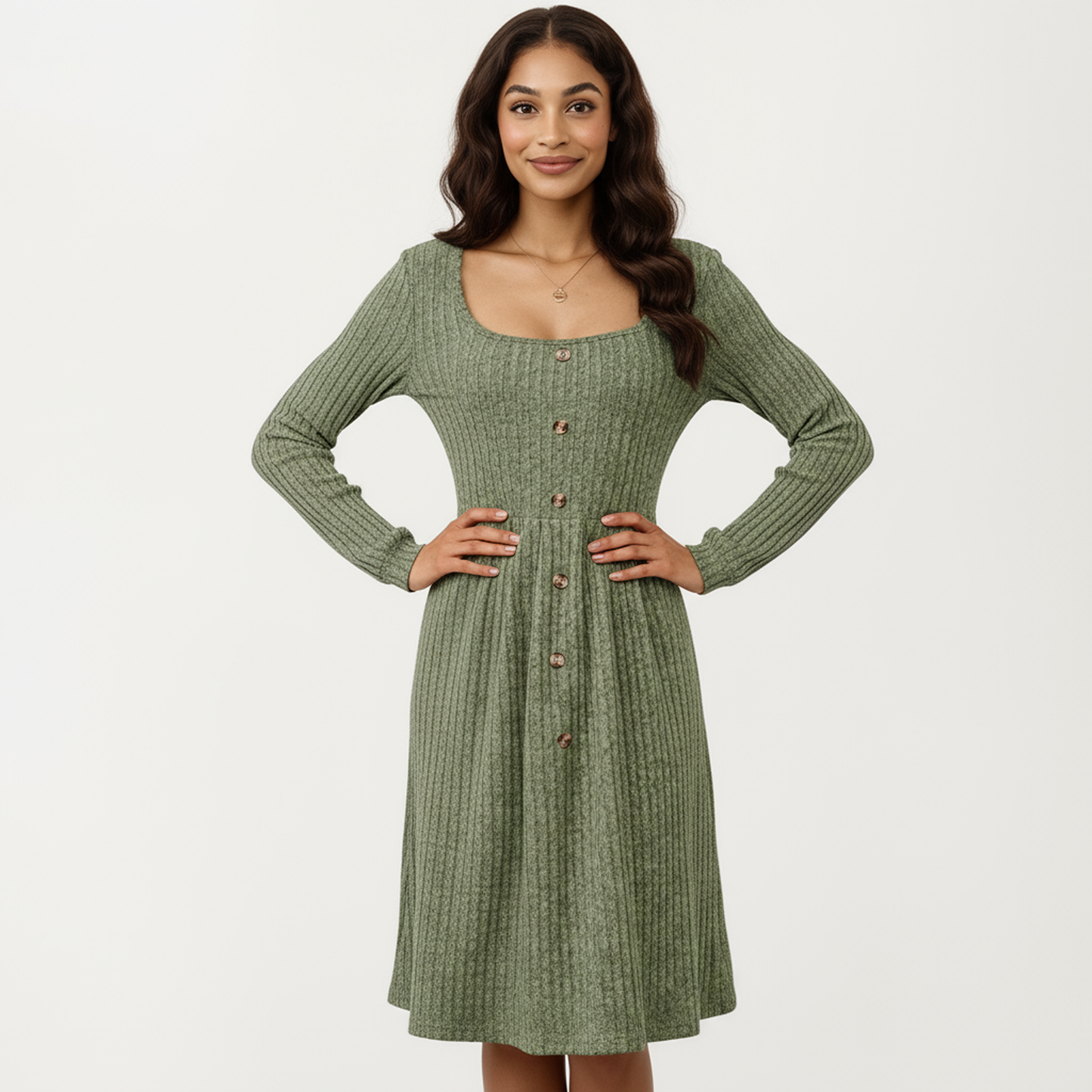 Anna-Kaci Women's Long Sleeve Ribbed Knit A-Line Dress with Button Front Detail