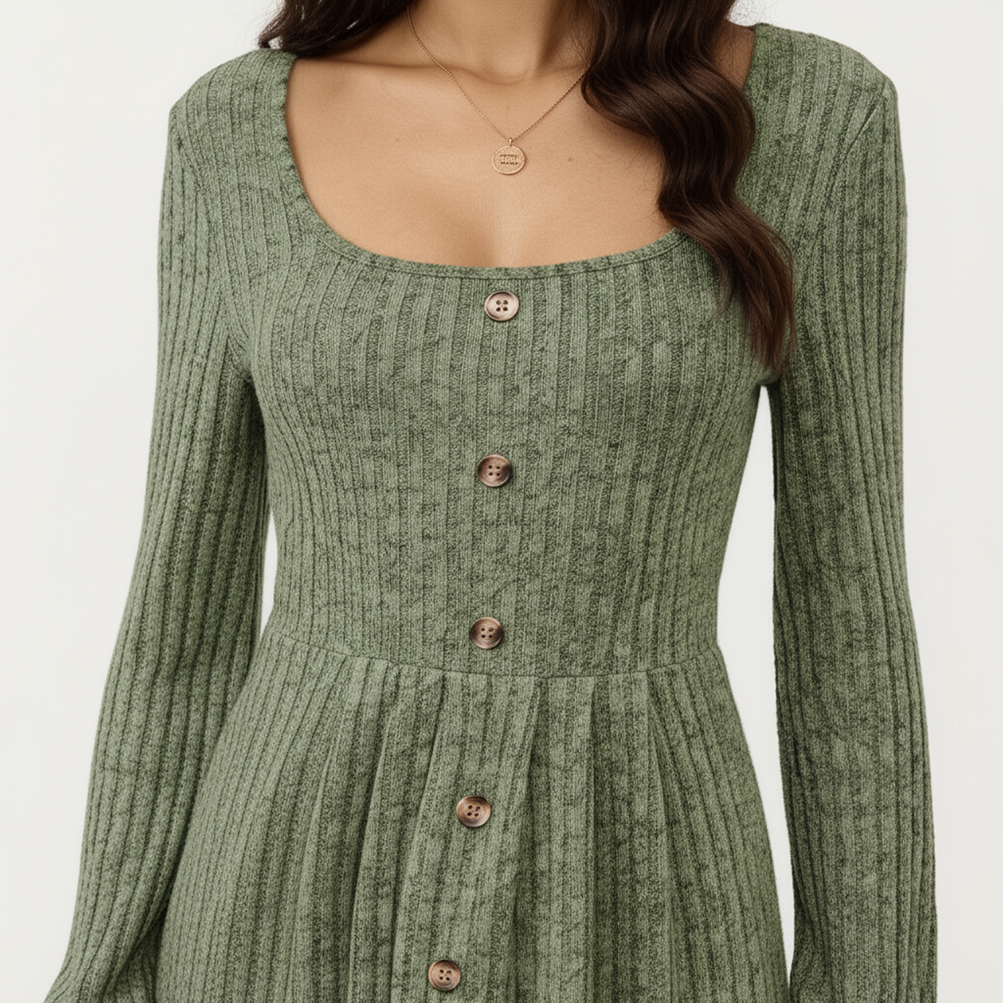 Anna-Kaci Women's Long Sleeve Ribbed Knit A-Line Dress with Button Front Detail