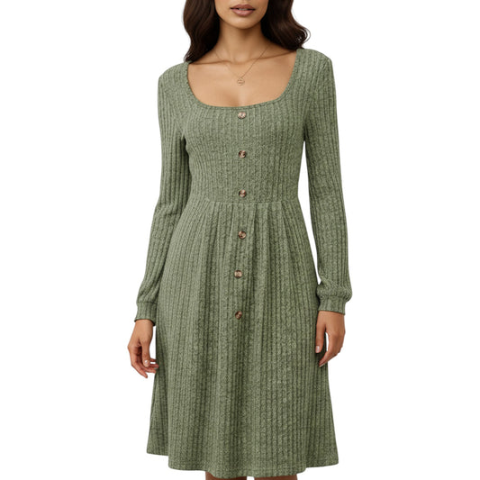 Anna-Kaci Women's Long Sleeve Ribbed Knit A-Line Dress with Button Front Detail