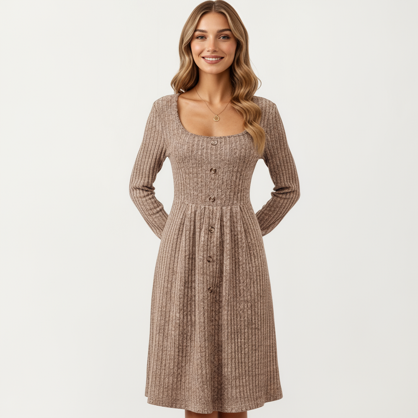 Anna-Kaci Women's Long Sleeve Ribbed Knit A-Line Dress with Button Front Detail