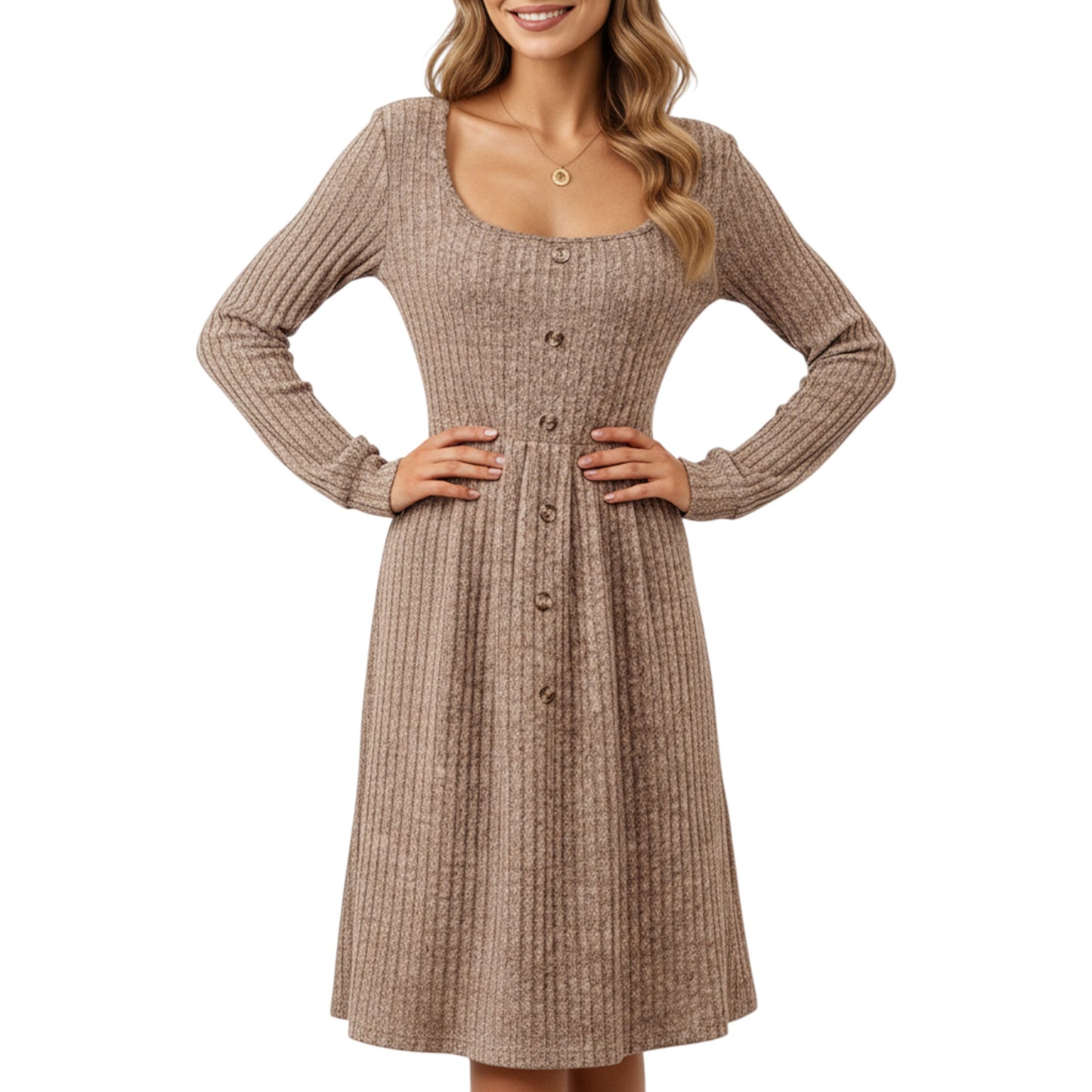 Anna-Kaci Women's Long Sleeve Ribbed Knit A-Line Dress with Button Front Detail