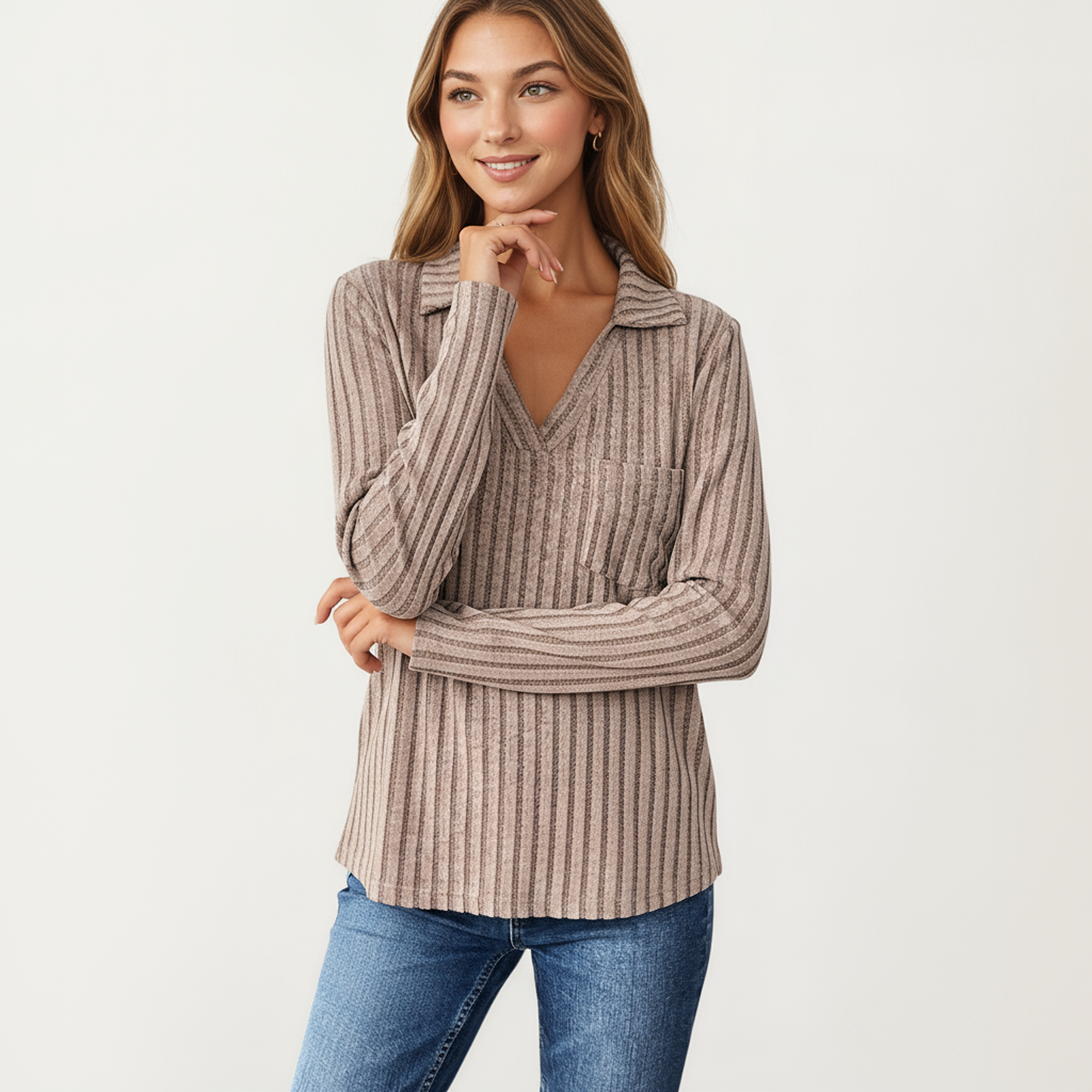 Anna-Kaci Women's Long Sleeve Ribbed Knit Top with Collared V-Neck and Chest Pocket