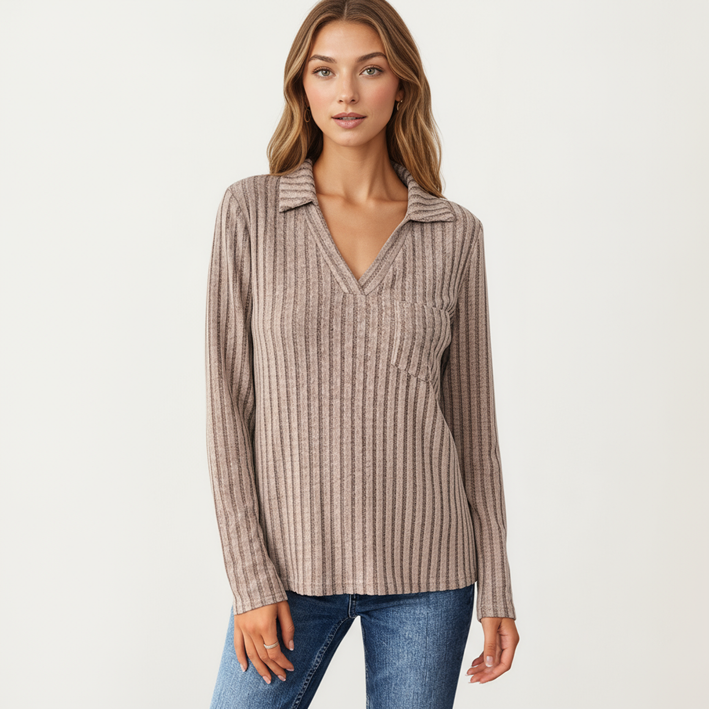 Anna-Kaci Women's Long Sleeve Ribbed Knit Top with Collared V-Neck and Chest Pocket