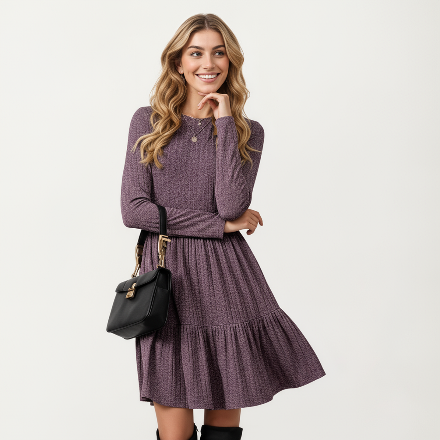 Anna-Kaci Women's Long Sleeve Tiered Skater Dress with Fitted Bodice and Flowy Hem