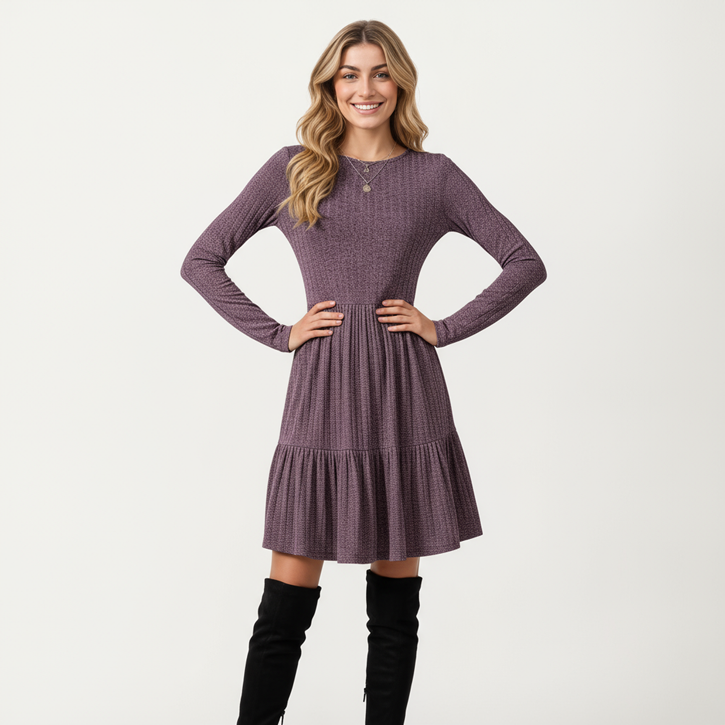 Anna-Kaci Women's Long Sleeve Tiered Skater Dress with Fitted Bodice and Flowy Hem