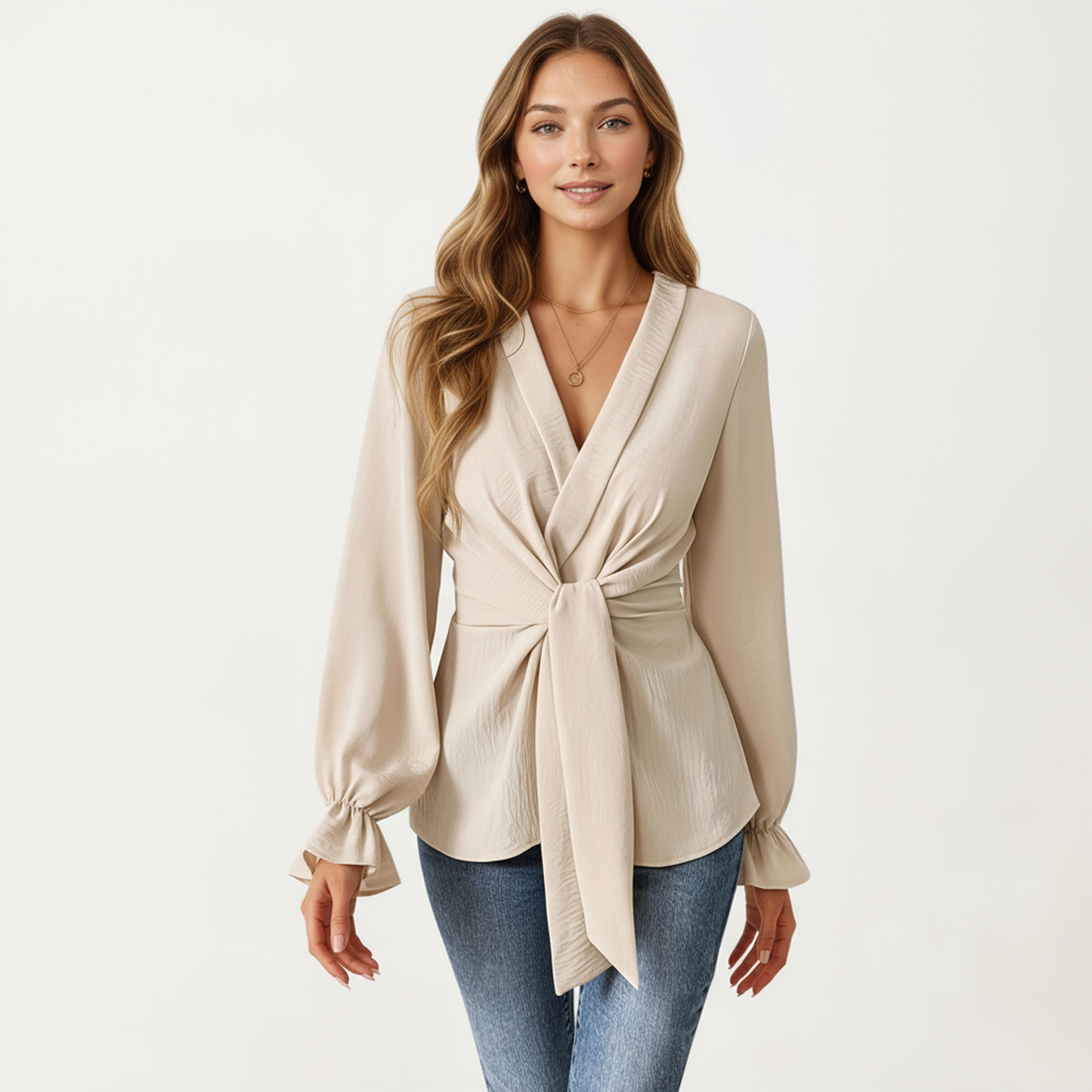 Anna-Kaci Women's Long Sleeve Wrap Front Blouse with Waist Tie and V-Neckline