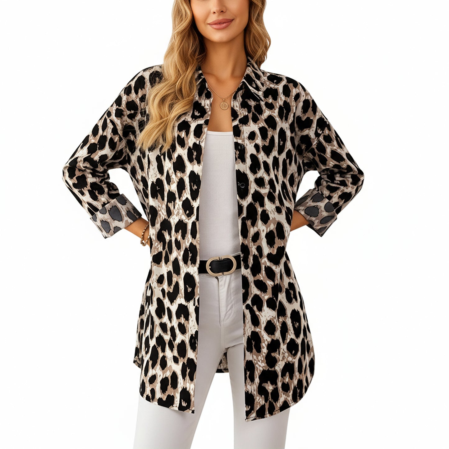 Anna-Kaci Women's Leopard Print Button-Up Long Sleeve Shirt with Collared Neckline