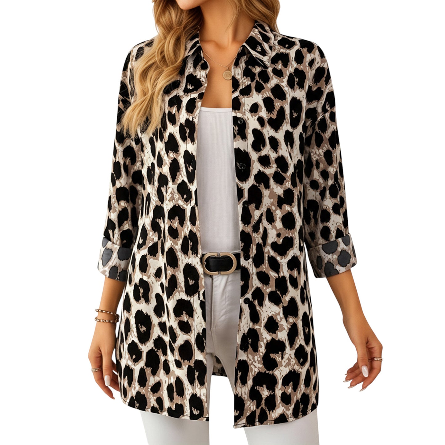Anna-Kaci Women's Leopard Print Button-Up Long Sleeve Shirt with Collared Neckline