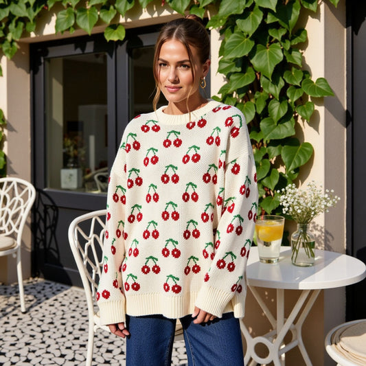 Anna-Kaci Women's Long Sleeve Pullover Knit Sweater with Cherry Pattern