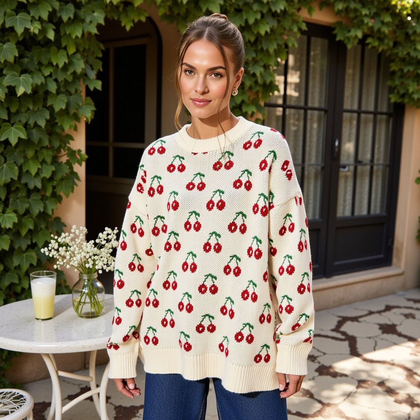 Anna-Kaci Women's Long Sleeve Pullover Knit Sweater with Cherry Pattern