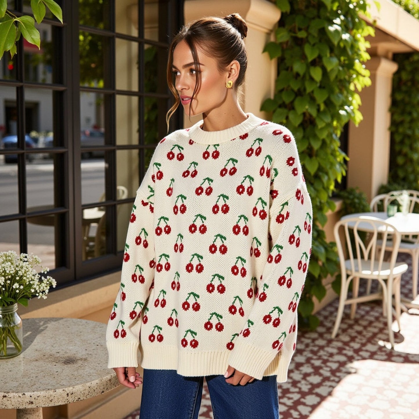 Anna-Kaci Women's Long Sleeve Pullover Knit Sweater with Cherry Pattern
