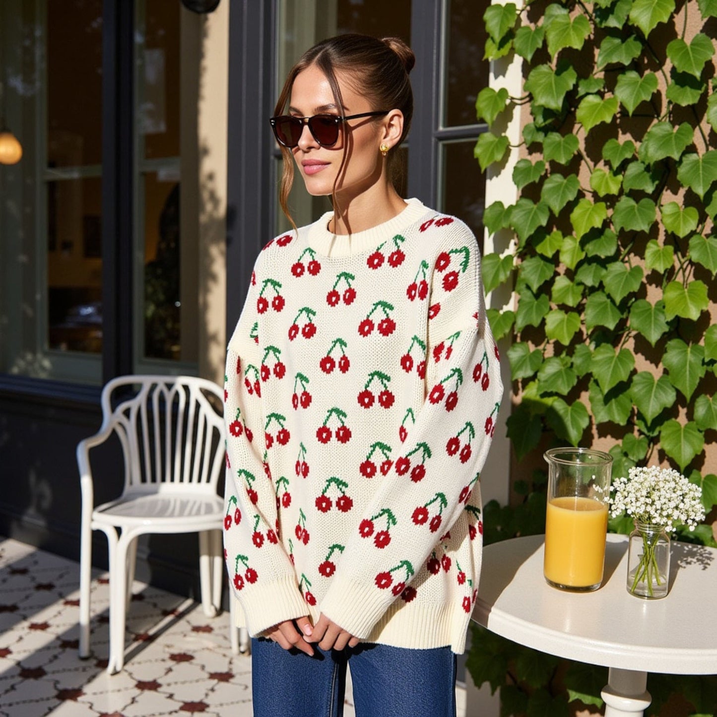 Anna-Kaci Women's Long Sleeve Pullover Knit Sweater with Cherry Pattern