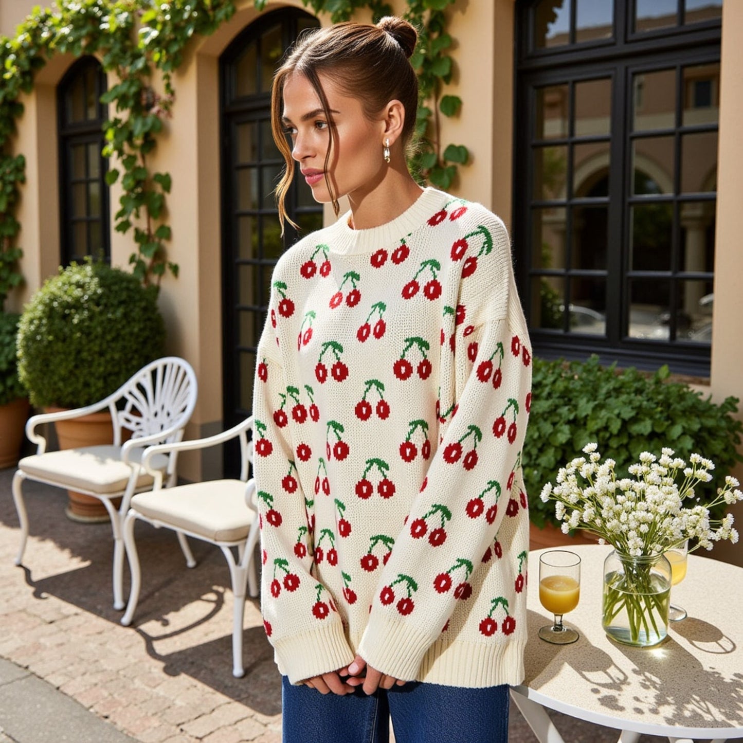 Anna-Kaci Women's Long Sleeve Pullover Knit Sweater with Cherry Pattern