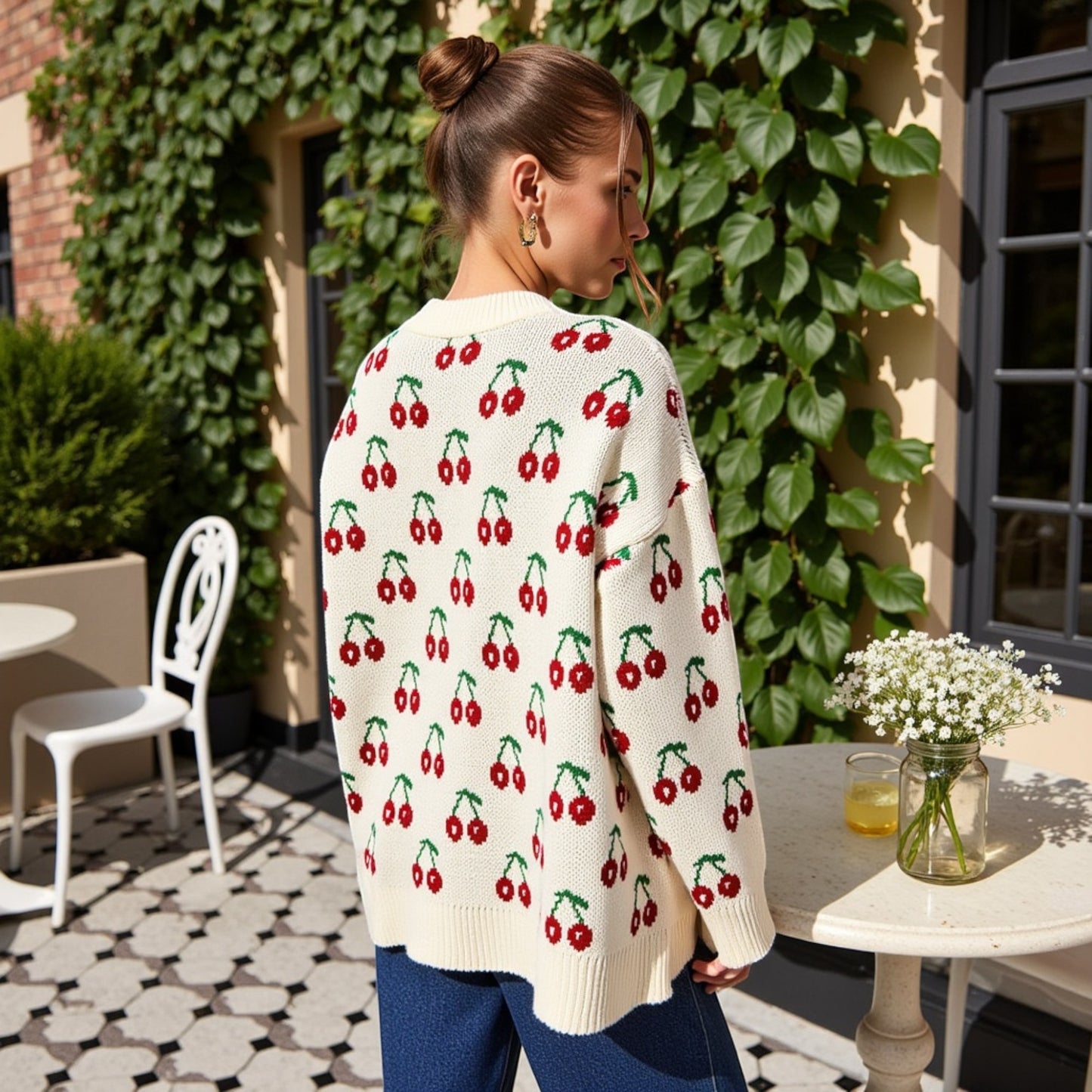 Anna-Kaci Women's Long Sleeve Pullover Knit Sweater with Cherry Pattern