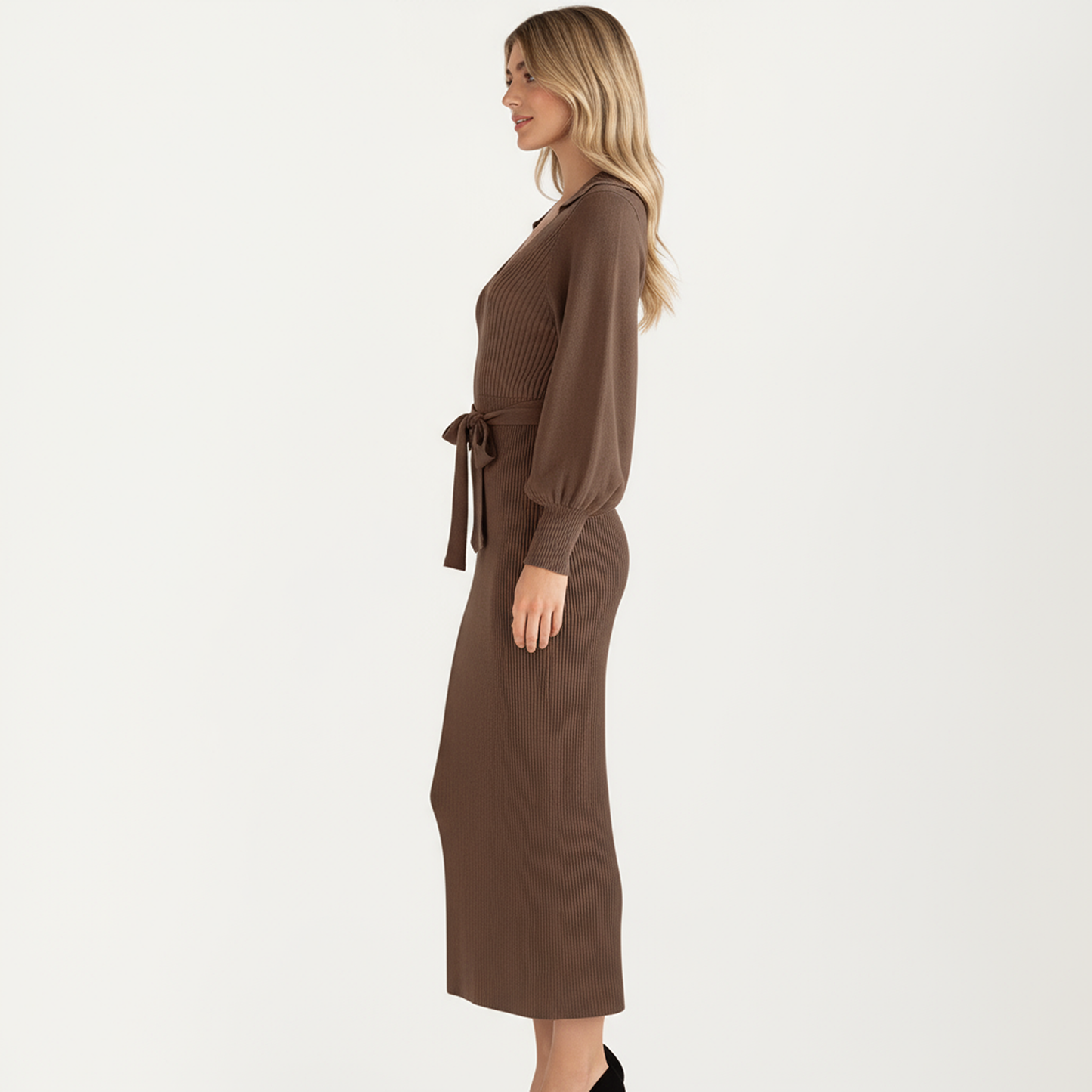 Anna-Kaci Women's Long Sleeve Ribbed Knit Midi Dress with V-Neck and Waist Tie