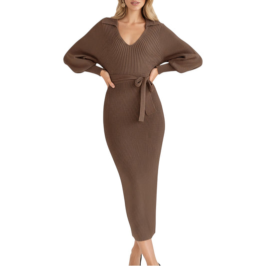 Anna-Kaci Women's Long Sleeve Ribbed Knit Midi Dress with V-Neck and Waist Tie